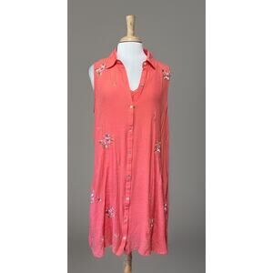 Hope Springs Coral Boho Embroidered Button Front 2 Piece Shirt Dress Size XL